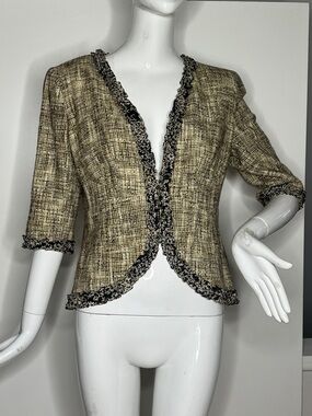 Chanel Sz 42 Tweed Boucle 3/4 Sleeve Front Hook 2003 Cotton Blend Blazer Jacket